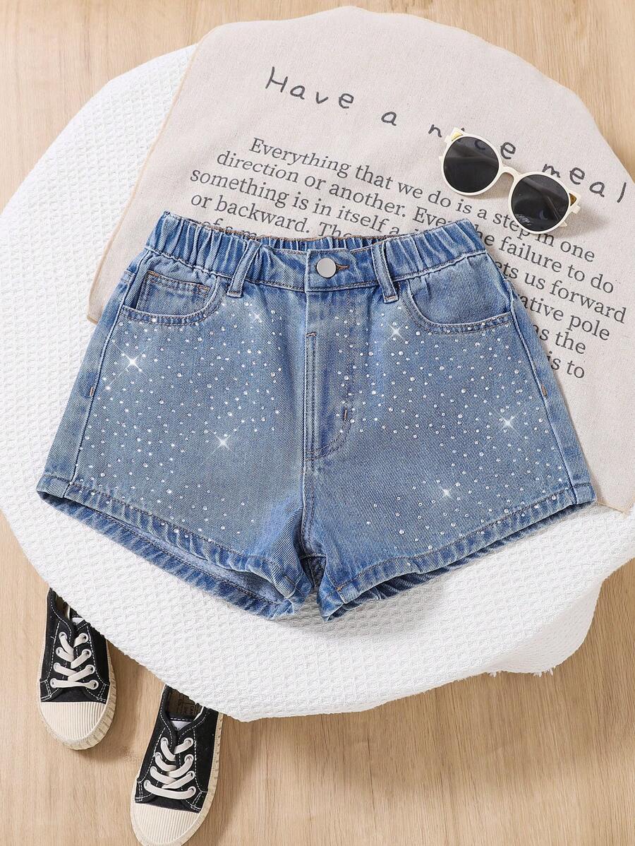 SHEIN Pantaloncini di jeans casual per ragazze pre-adolescenti con tasche strappate e dettagli di strass