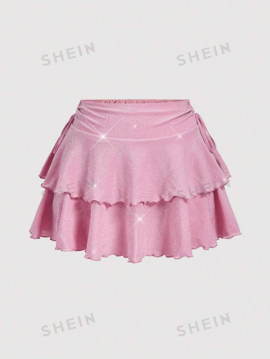 SHEIN MOD Falda de talle bajo con volantes y destellos en color rosa para mujeres de talla grande