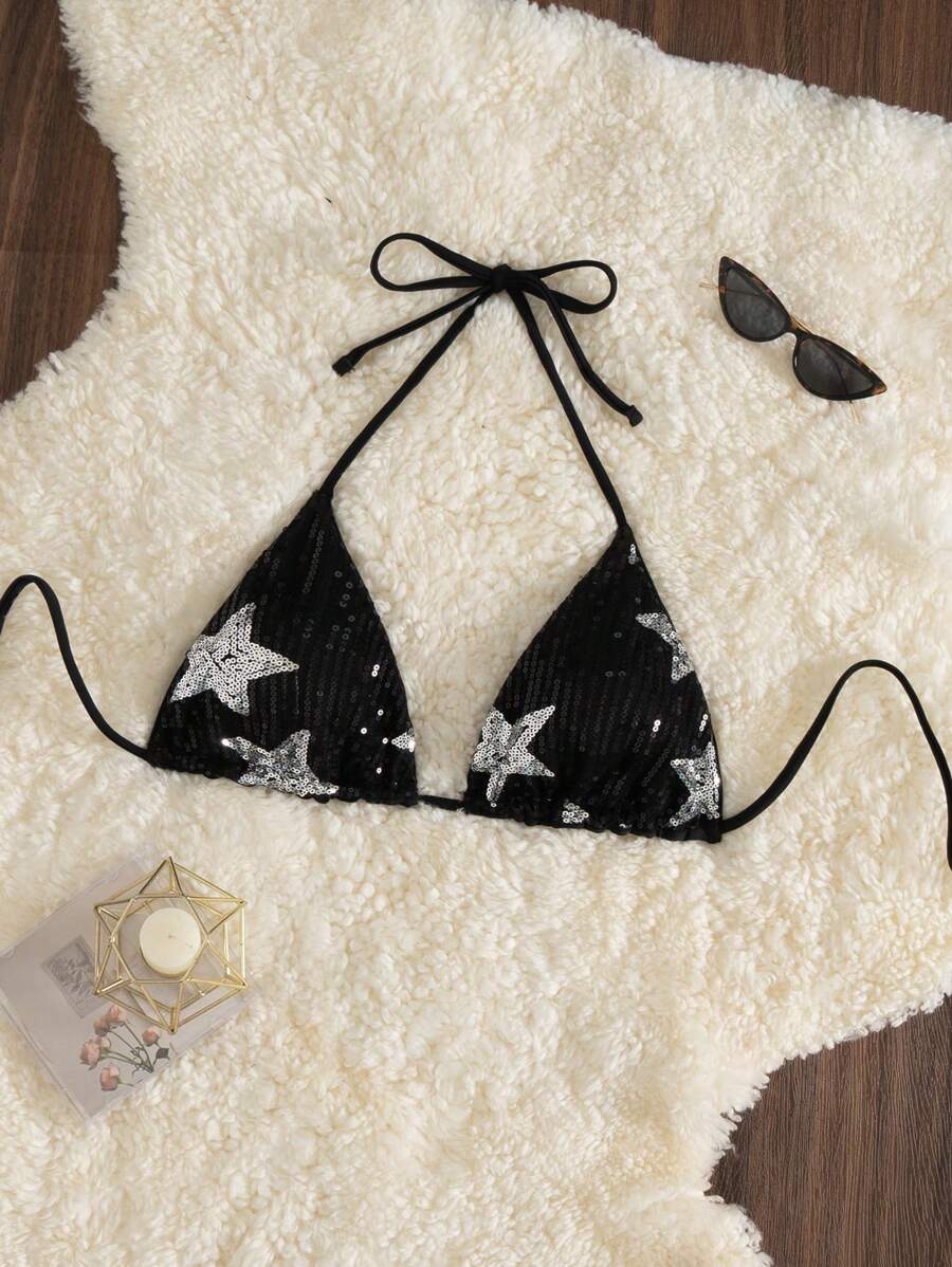SHEIN Swim Contrast Color Star Sequin Halter Bikini Top, Sexy Micro Triangle