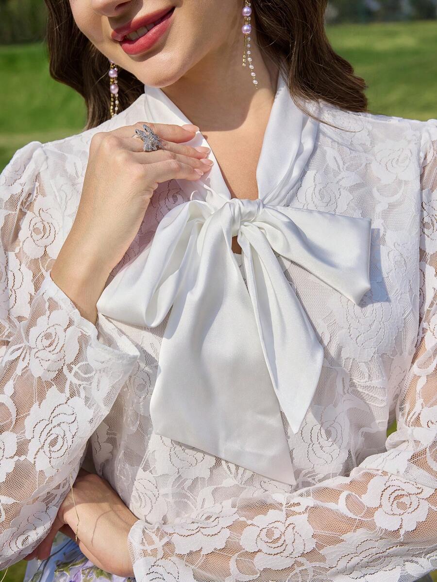 Modelyn Women Floral Lace-Up Front Long Sleeve Elegant Blouse