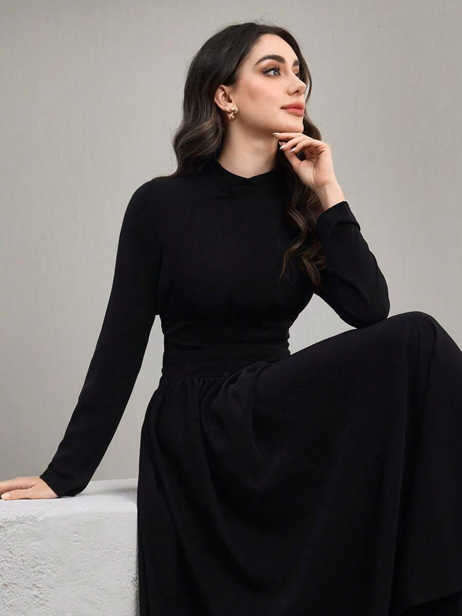 Graceveil فستان نسائي بياقة شبه محرقة، بطيّات وخصر مرتفع، من طراز فرنسي راقي