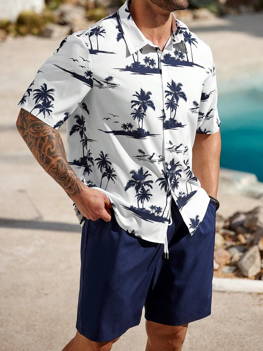 ResortEase 2pcs/Set Men Casual Short Sleeve Shirt & Shorts Set, Simple & Fashion, Everyday Wear