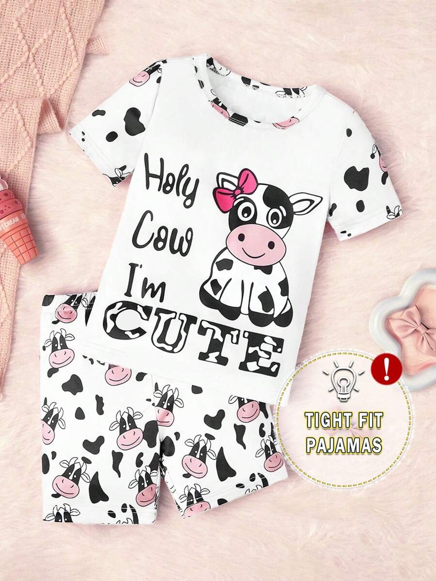 2 piezas Conjunto de pijama con pantalón corto y manga corta con estampado de vaca ajustado para niña joven