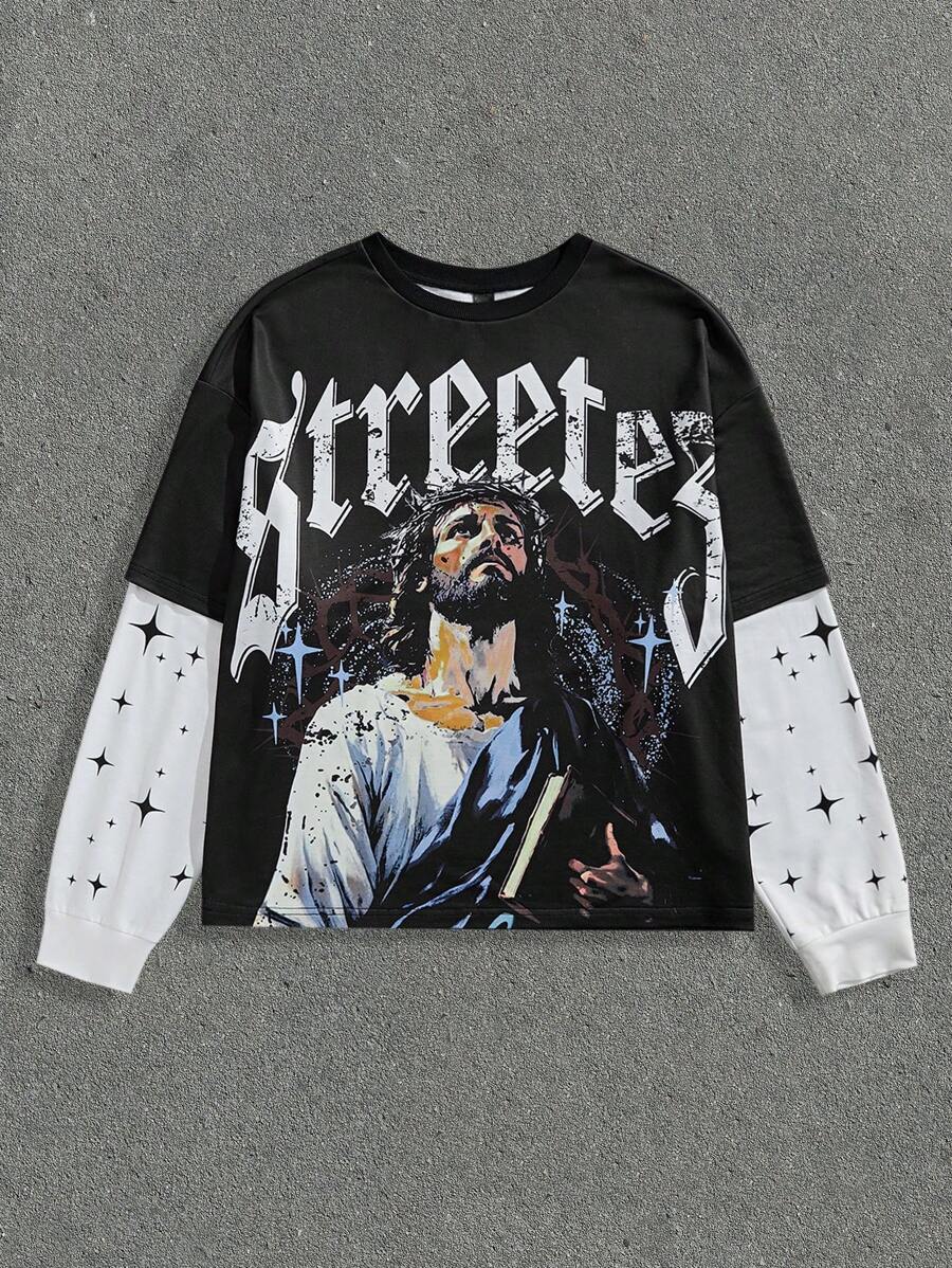 Manfinity VCAY Camiseta holgada de manga larga de punto con impresión digital 2 en 1 para hombre