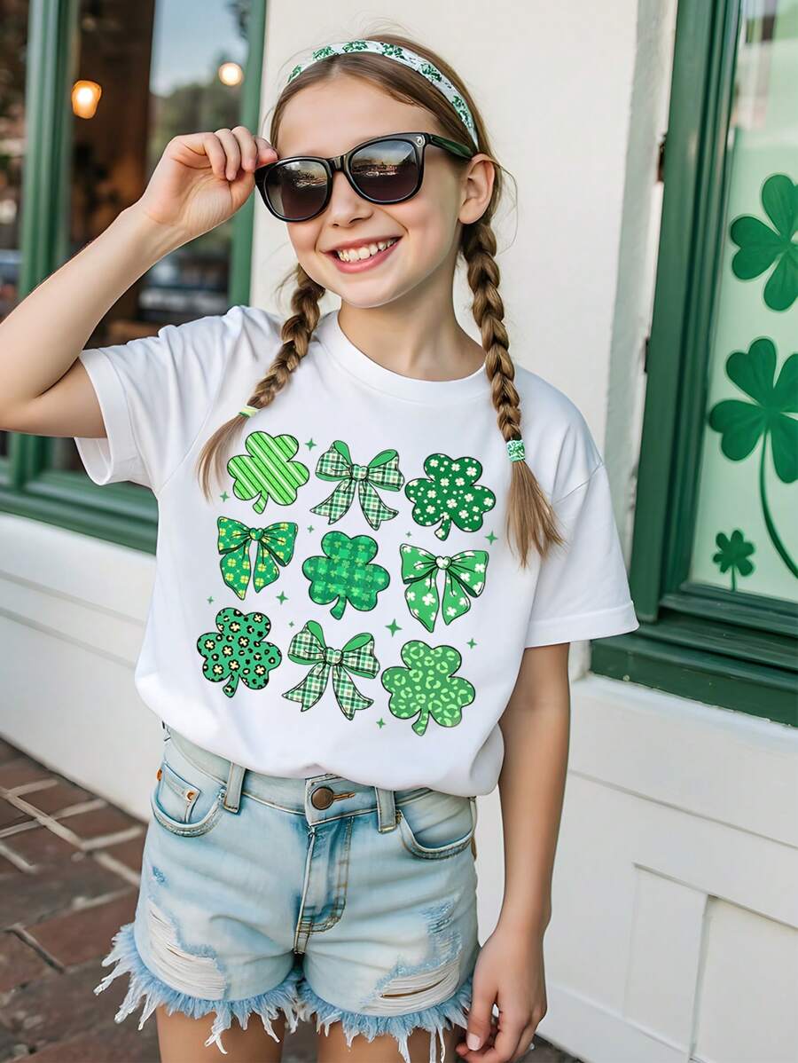Girls' Casual Round Neck Knitted Printed T-Shirt