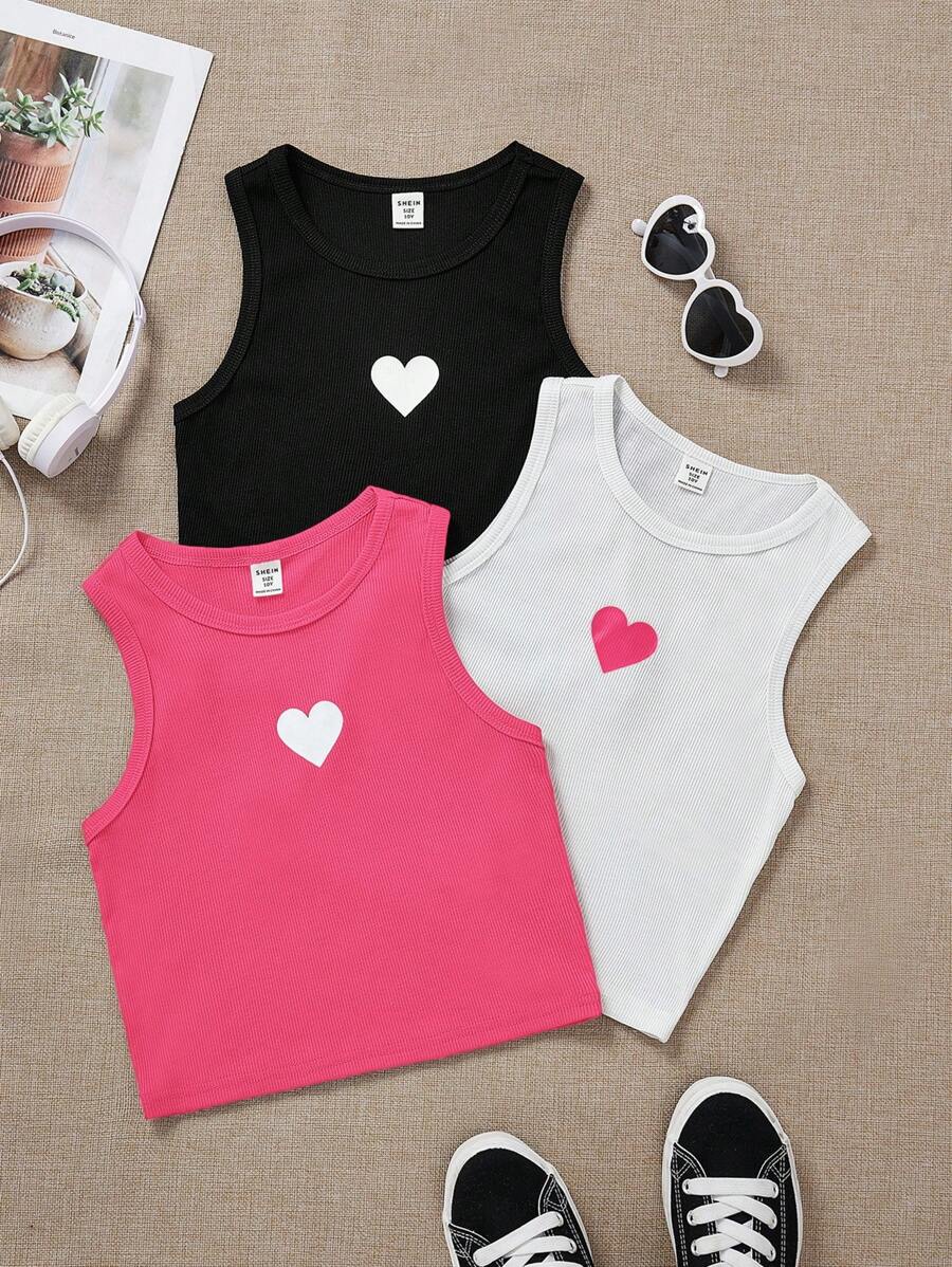SHEIN 3pcs/Set Tween Girls' Solid Color Knit Rib Heart Pattern Tank Top