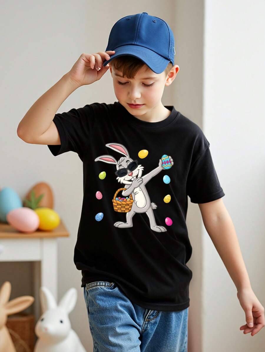 Easter Boys' Casual Fashion Creative Holiday Cartoon Cute Rabbit And Egg Graphic Print Basic Short Sleeve T-Shirt