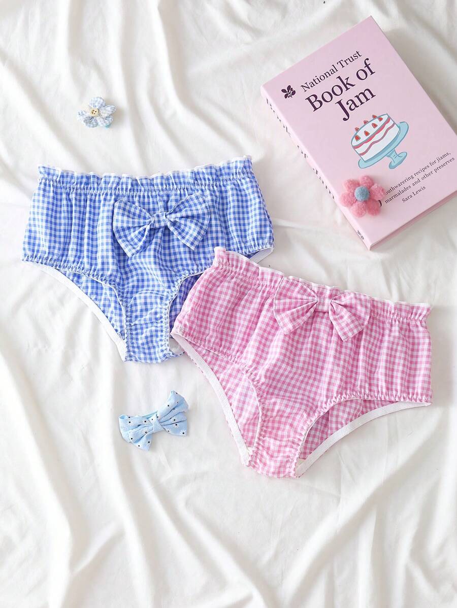 Set de 2 bragas con acento de lazo a cuadros dulces y lindas para niñas, ropa interior juvenil