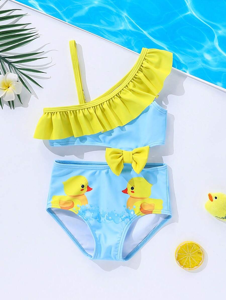 SHEIN Baby Girl Cute Duck Print Bow Decor Ruffled Trim Swimsuit,Hollow-Out Waist And Adjustable Straps For Beach Vacation In Summer