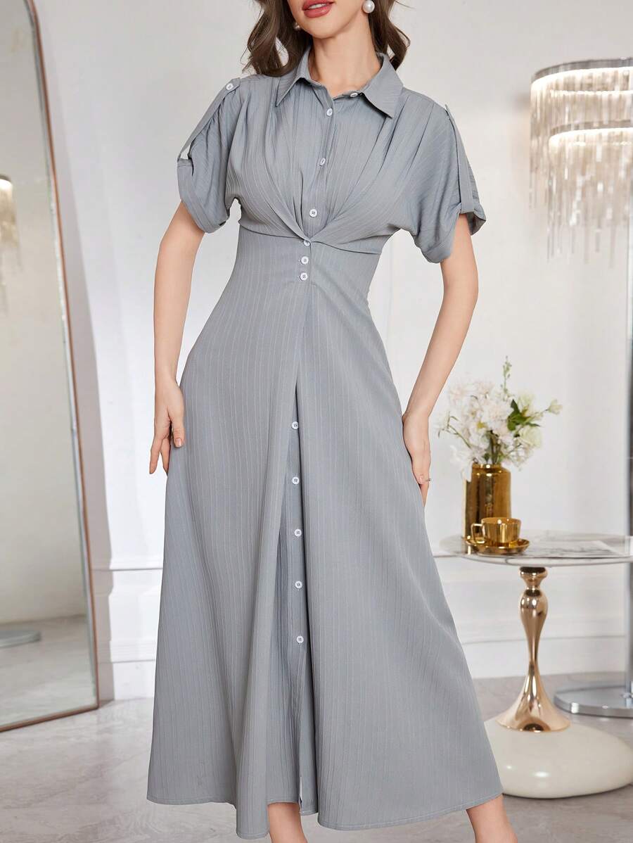 Mulvari Women's Korean Wave Pleated Collar, Single-Breasted Waist-Defining Minimalist Short Sleeve Long Dress