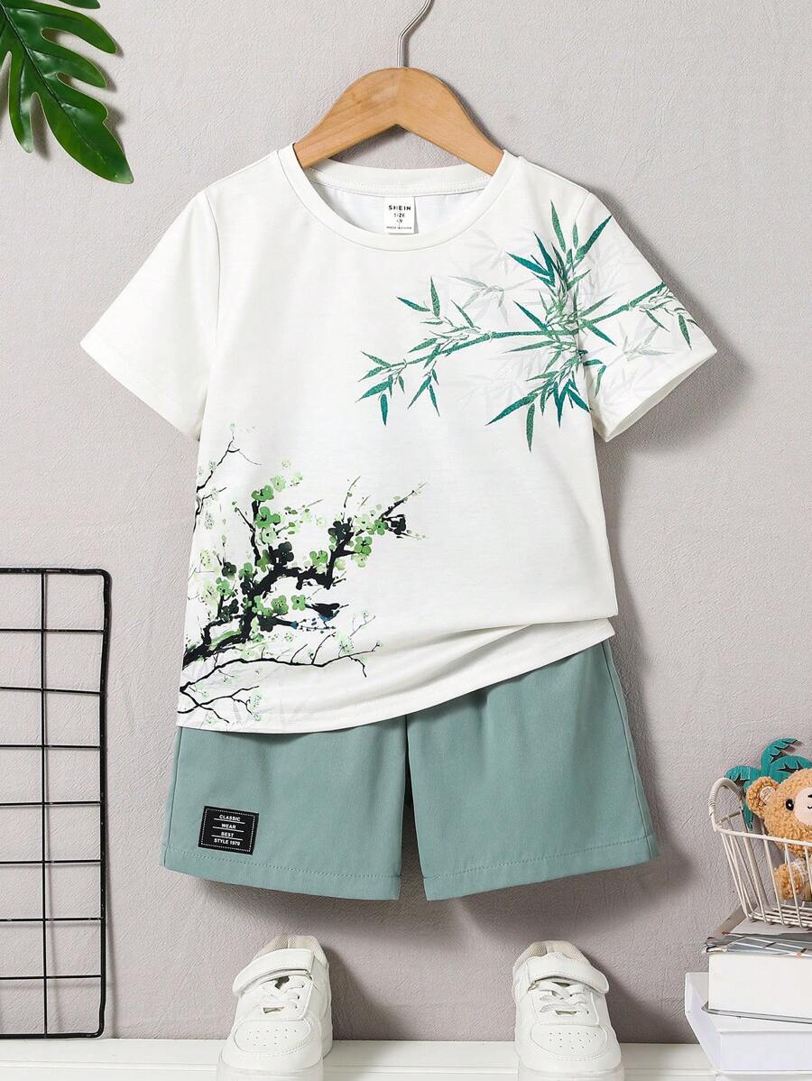 2 pièces Ensemble T-shirt tricoté à manches courtes avec imprimé végétal ample au col rond et short unicolore, pour garçon, décontracté, polyvalent pour l'école, le jardin, la plage, les anniversaires, le printemps, l'été, l'automne et l'hiver