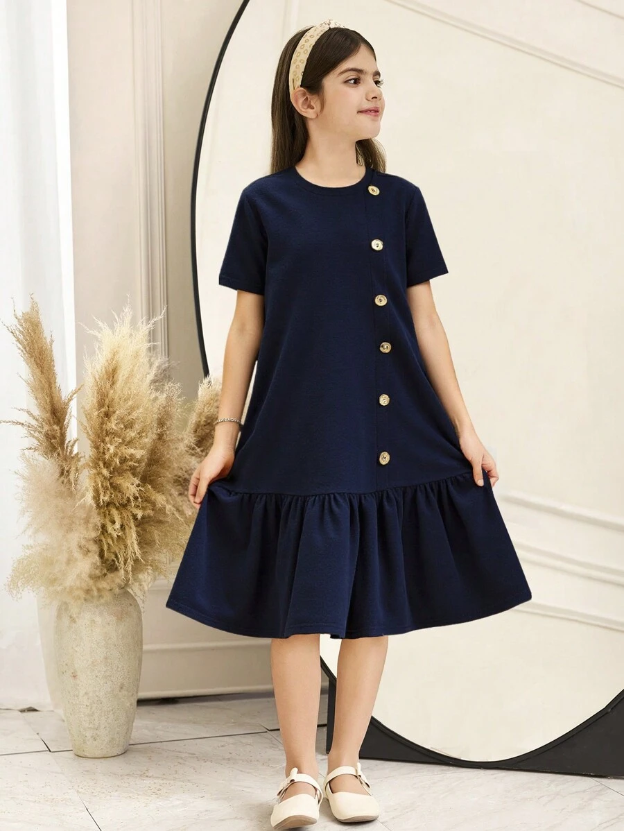 SHEIN Tween Girls Loose Round Neck Short Sleeve Button Decor A-Line Midi Dress
