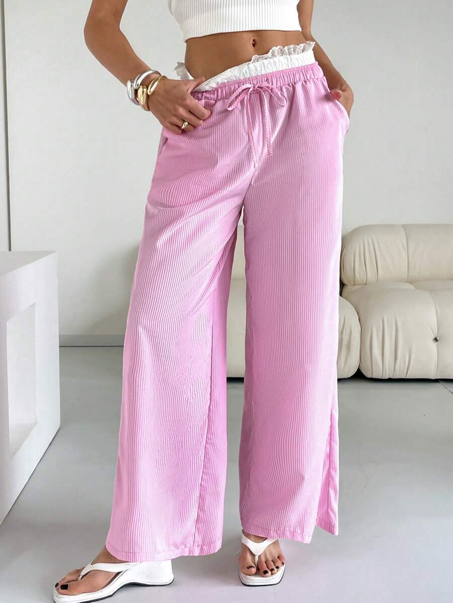 SHEIN Essnce Pink Pants Valentines Clothes Women's Casual Contrast Waistband Striped Wide Leg Pants