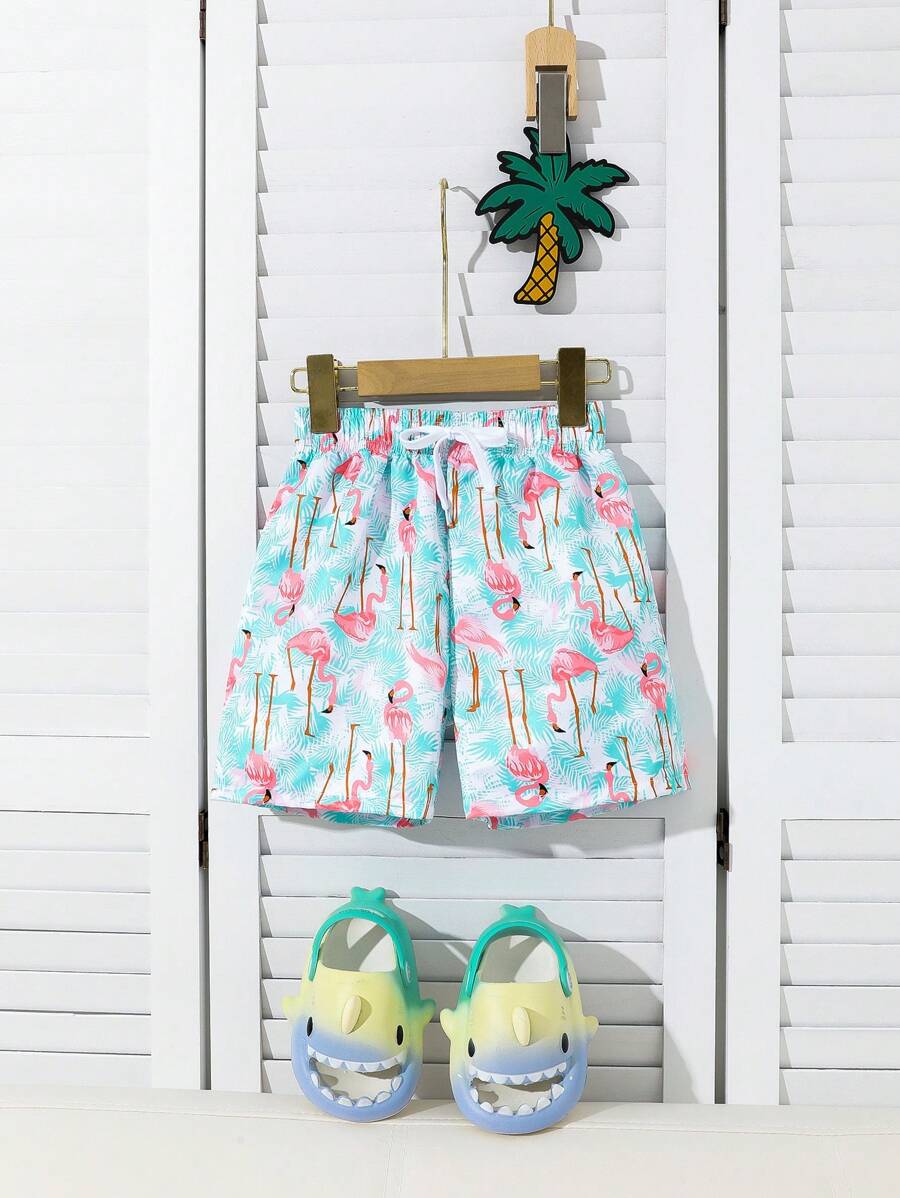 Pantalones cortos de baño con estampado de flamencos para niño pequeño, pantalones cortos de playa con cintura elástica, conjunto de playa de verano para niño pequeño