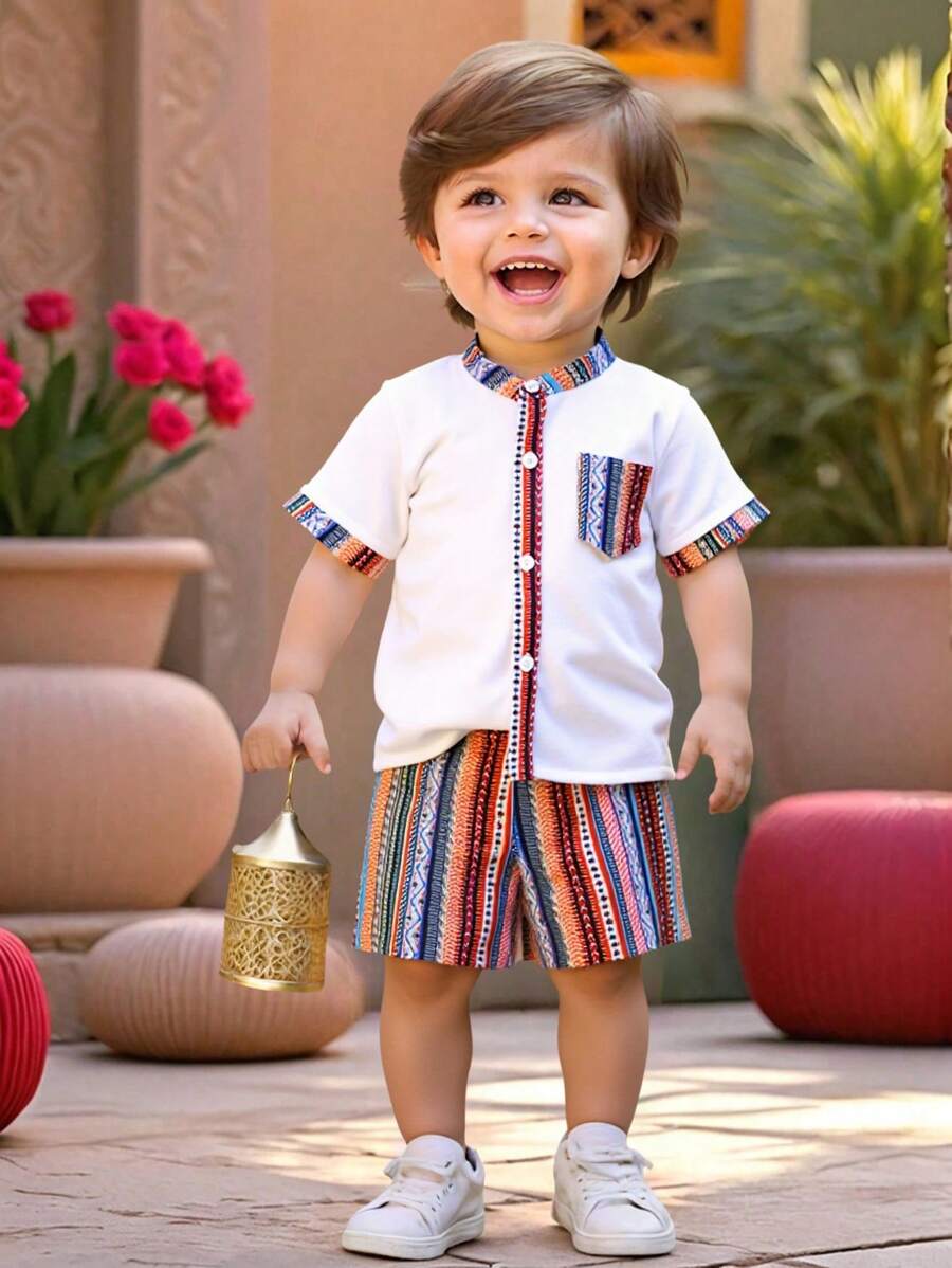SHEIN 2pcs/Set Baby Boy Casual Short Sleeve Shirt & Shorts Set, Suitable For Birthday Party, Evening, Performance, Wedding, 1-Month-Old, 1-Year-Old Celebration, Baby Shower
