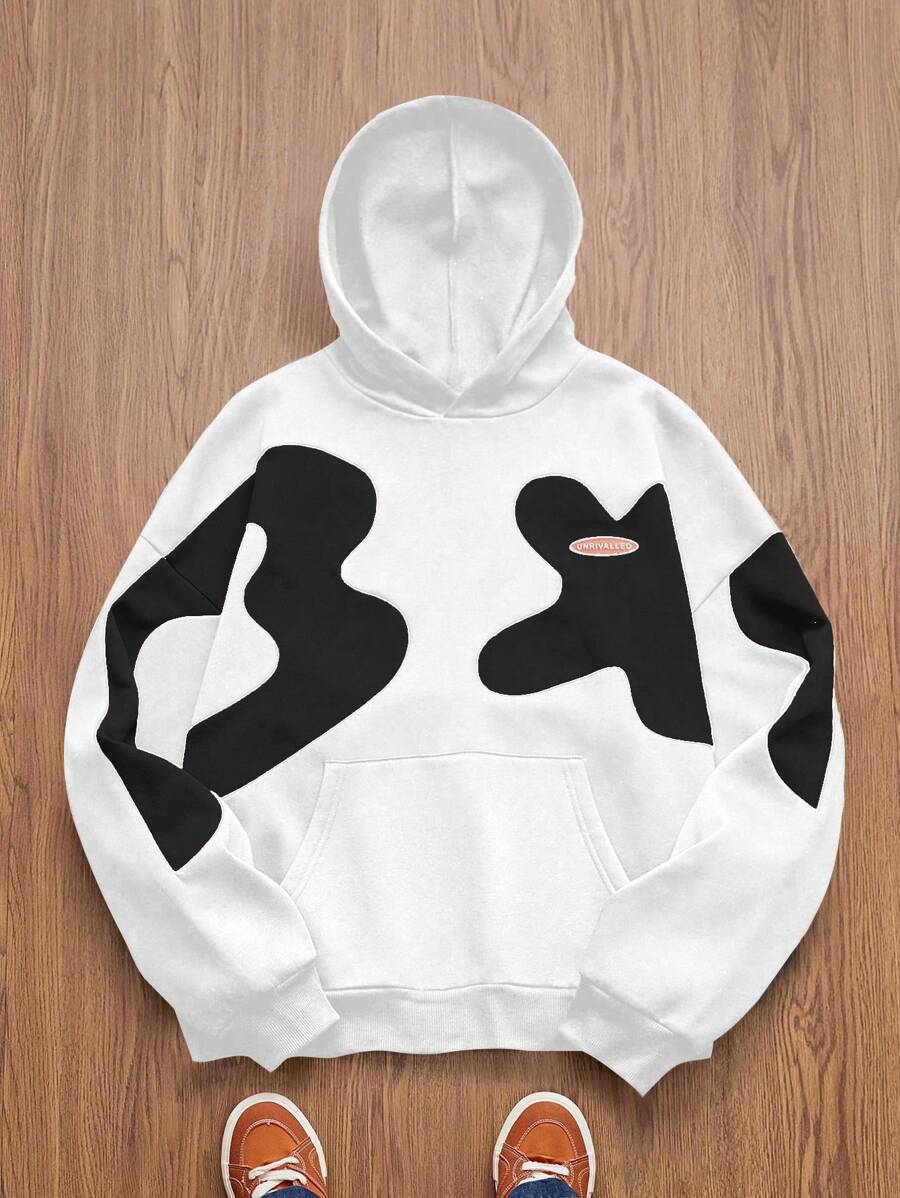 Manfinity VCAY Plus Size Men's Contrast Color Black Loose Fit Casual Knit Long Sleeve Hoodie