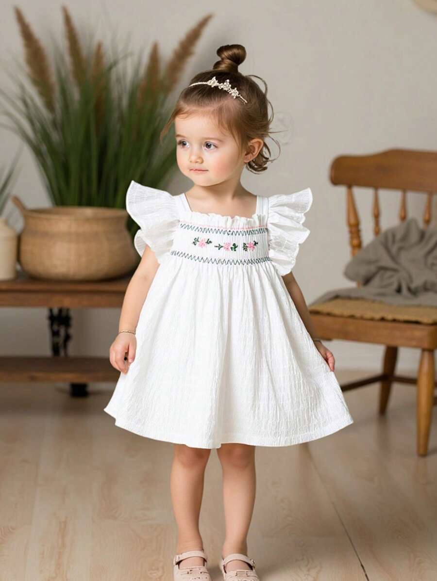 Vintaside Kids 1pc Baby Girls White Embroidered Cap Sleeve Dress. Textured Soft & Comfortable Fabric, Cute Princess Style Suitable For Spring & Summer Outdoor, Travel, Daily Wear