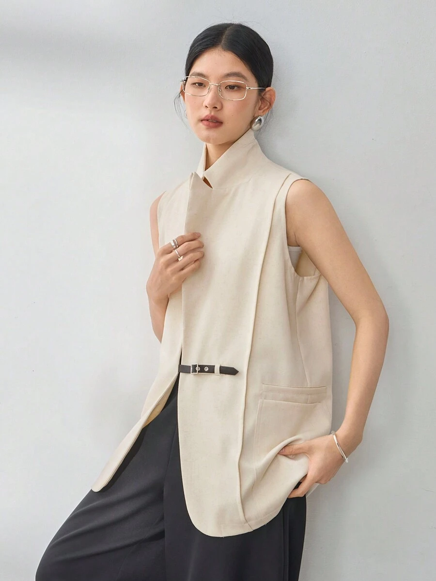 Dazy-Less 1pc Women's Business Casual Asymmetric Design Vest Style Blazer With Belt Old Money Style