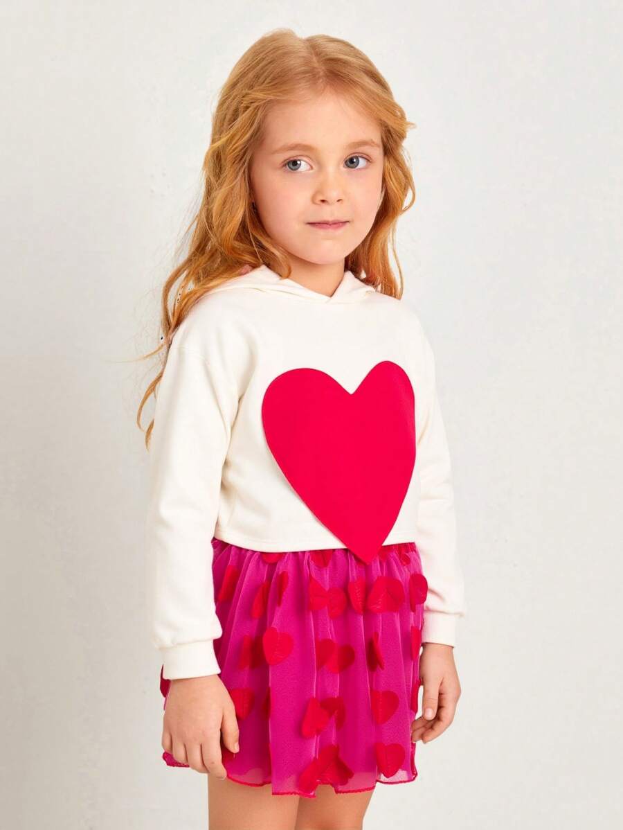 Tween Girls Heart Print Short Long Sleeve Sweatshirt And Puffy Heart Skirt Set, A Charming And Childrenswear Combination. It Is Suitable Not Only For Special Occasions But Also For Everyday Wear. Wearing This Set, Little Girls Can Showcase Their Sweetness And Cuteness, Becoming The Focus Of Attention.