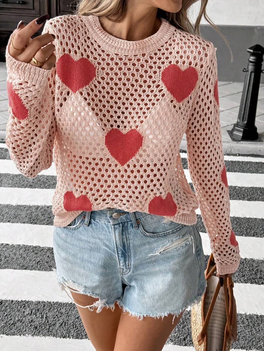 SHEIN LUNE Lente/zomer Hollow Heart Crew Neck gebreide crop top, modieuze trui voor laagjes, geschikt voor Valentijnsdag