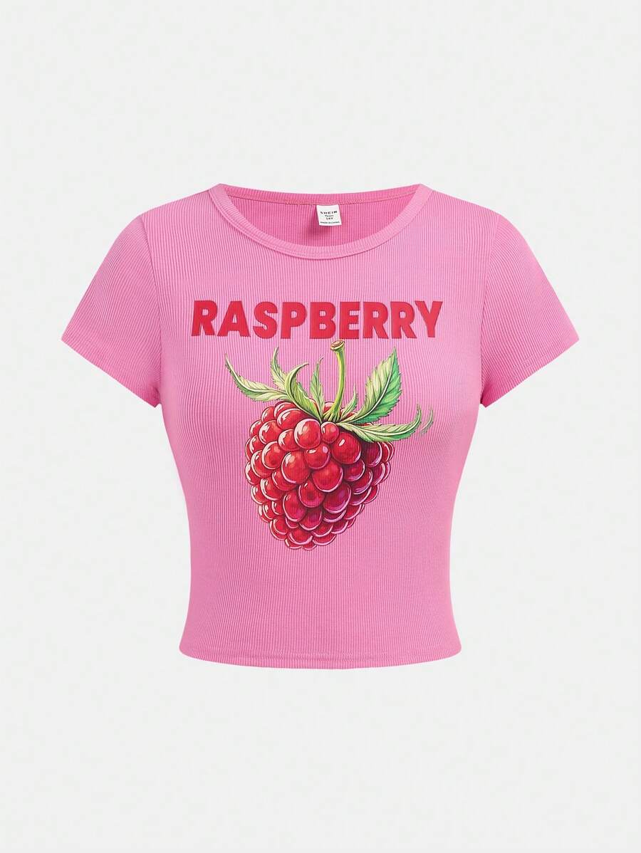 Girlism Teen Girl Casual Everyday Versatile Crew Neck Graphic Short Crop Top With Strawberry Text Pattern, Suitable For Casual Wear, Street Style, Spring/Summer Outfits, Back To School