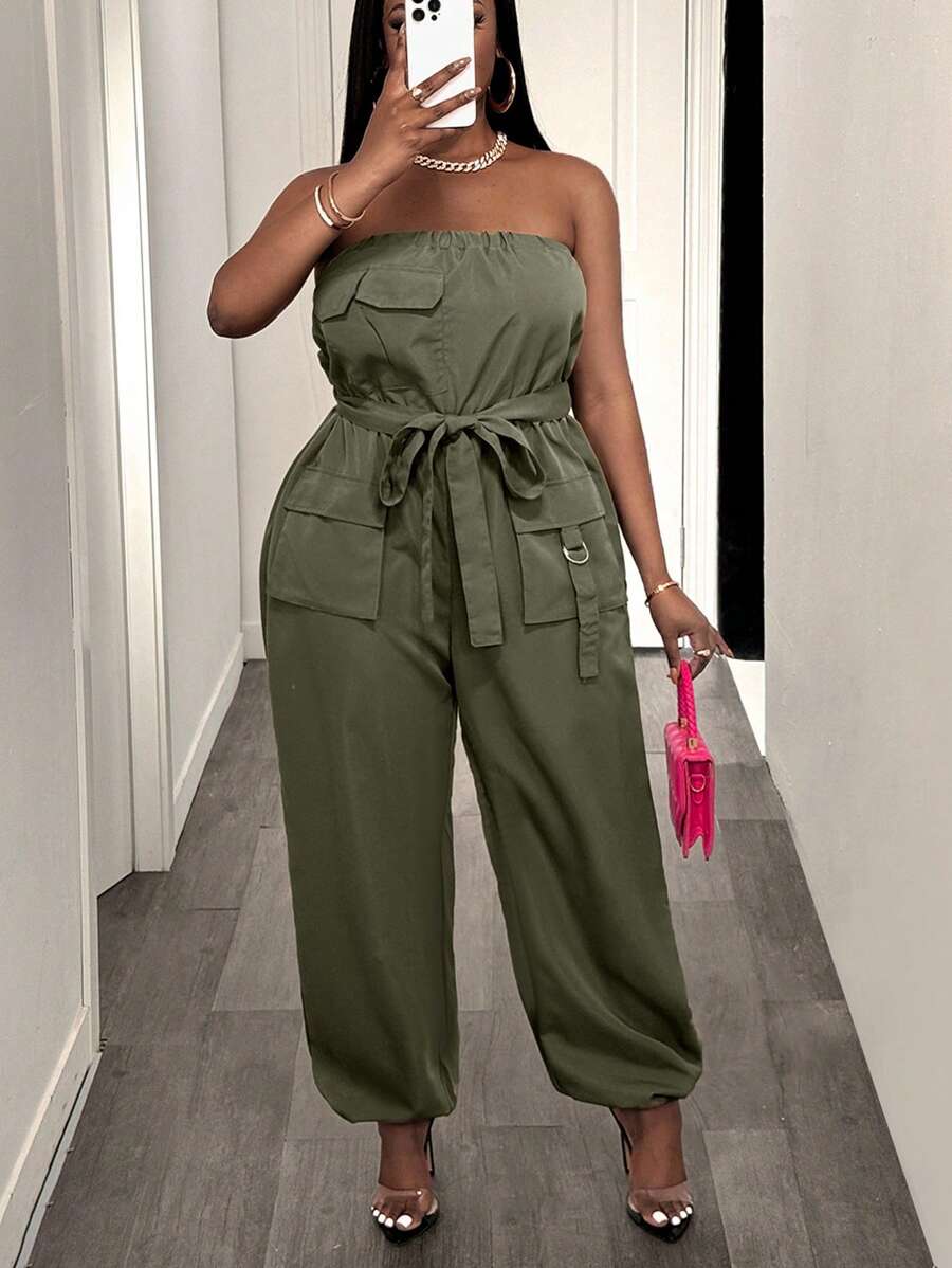 Slaydiva 2025 New Versatile Simple Casual Street Strapless Sleeveless With Belt Waisted Decorated Multiple Cargo Pockets Overall Shorts, Plus Size