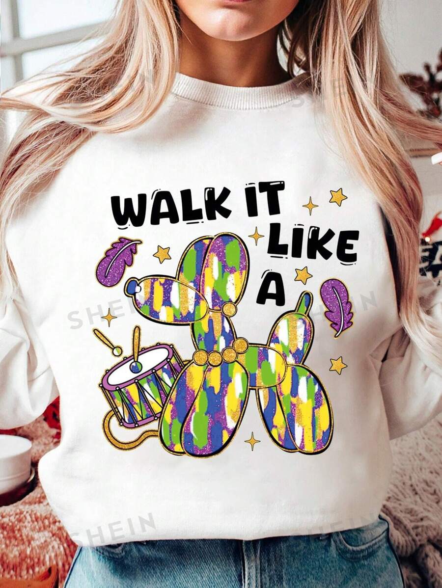 INAWLY Sudadera de manga larga con cuello redondo "Walk It Like A Dog" para Mardi Gras, de ajuste regular, para temporada, festividades y fiestas