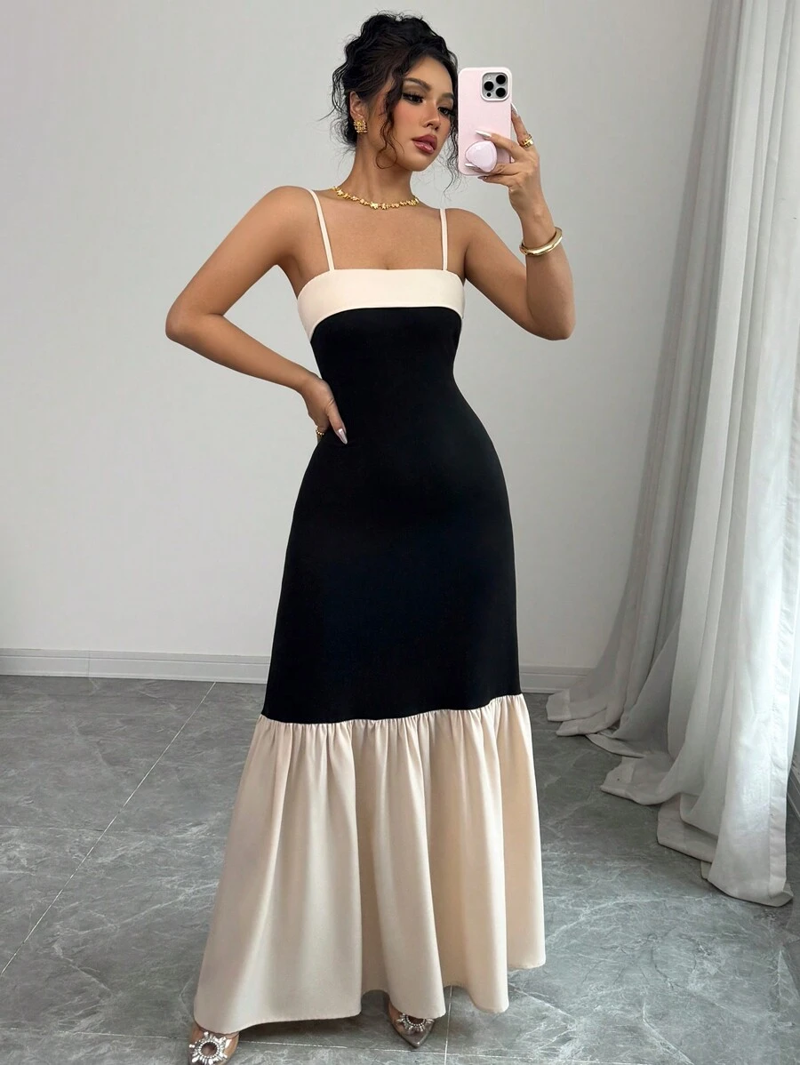 Elenzga Women Plain Color Patchwork Spaghetti Strap Simple Pleated Dress