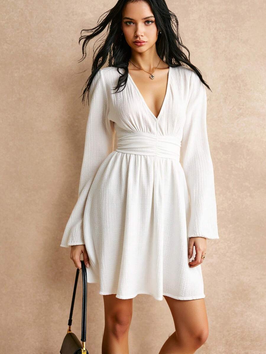 Poéselle Women Solid Color V-Neck Lantern Sleeve Ruched Waist Dress