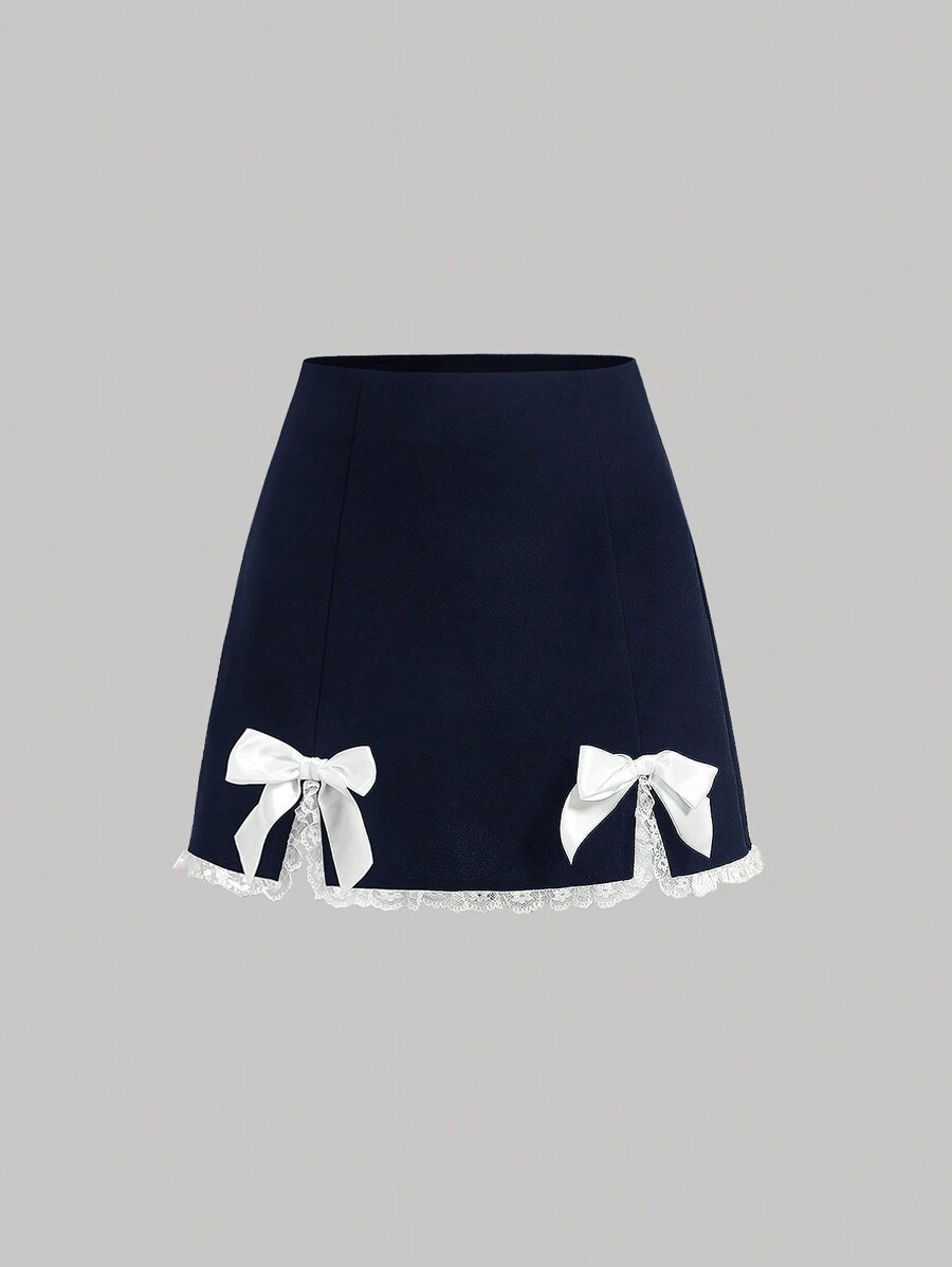 SHEIN MOD Bow Front Lace Trim Split Hem Black Mini Summer Skirt