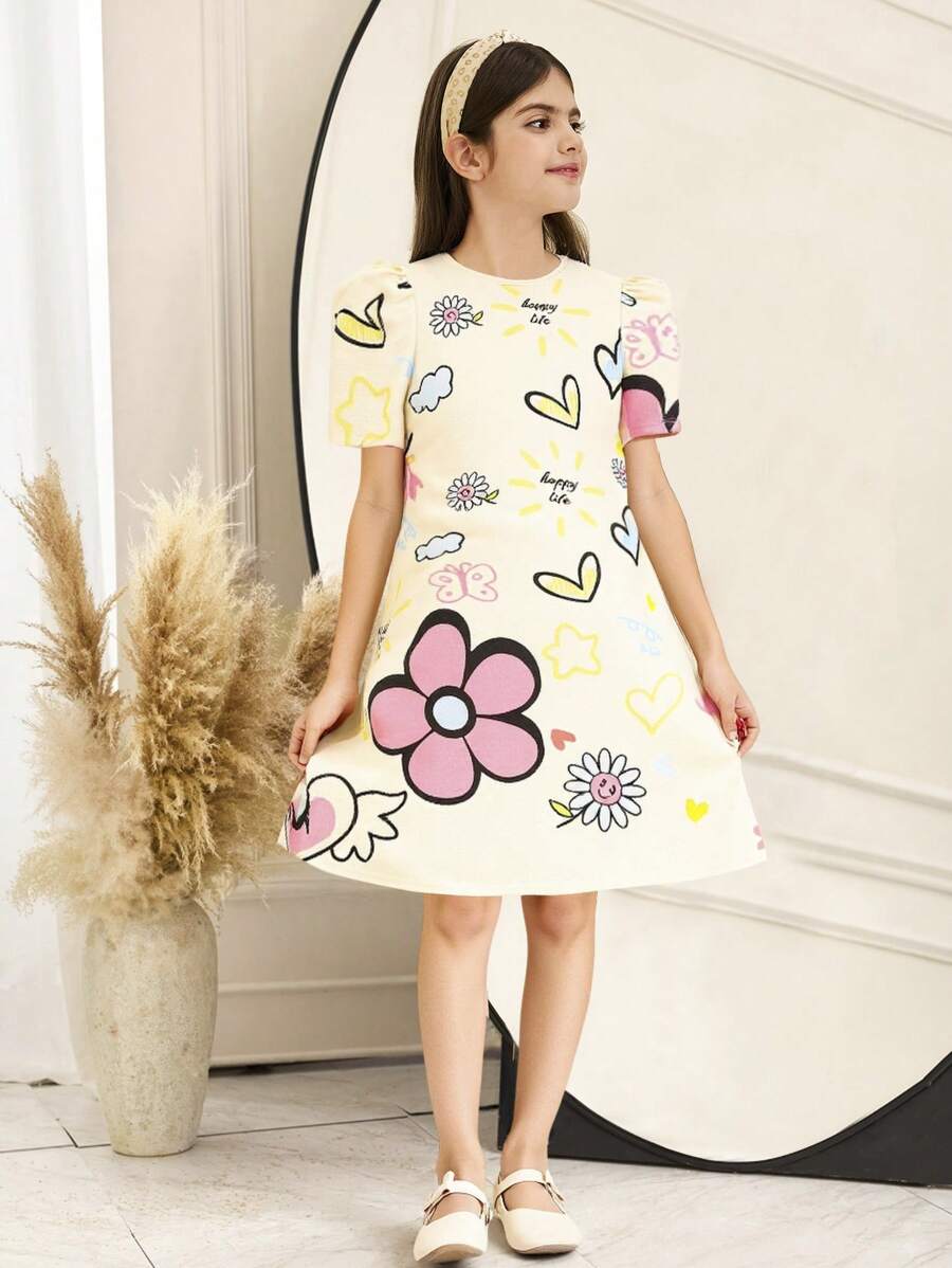 SHEIN Tween Girl Casual Cartoon Floral Print Round Neck Puff Sleeve A-Line Dress