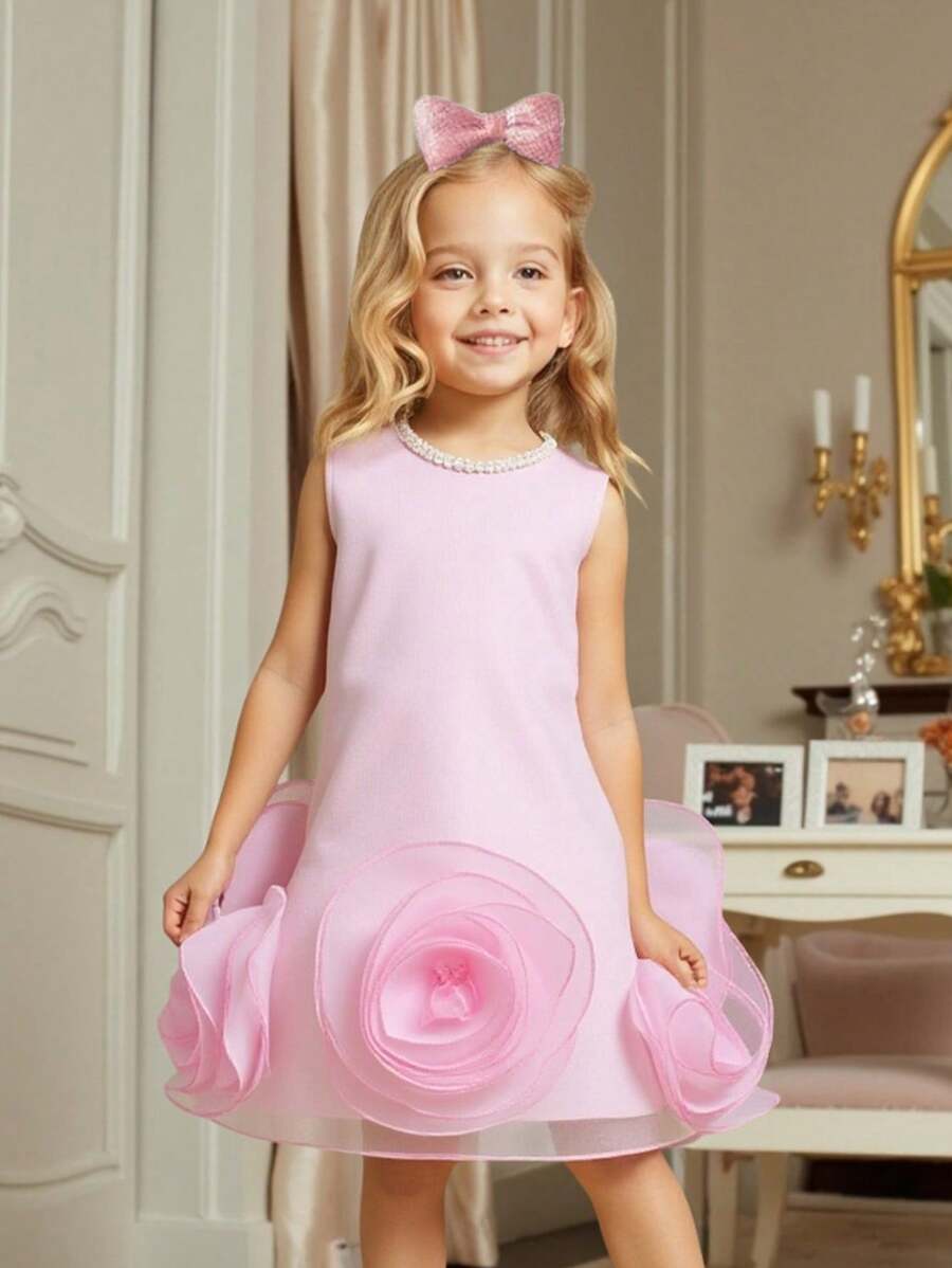 SHEIN Young Girl' Spring/Summer Solid Color Elegant High-End 3D Floral A-Line Dress, Made Of Soft Rose Chiffon Material