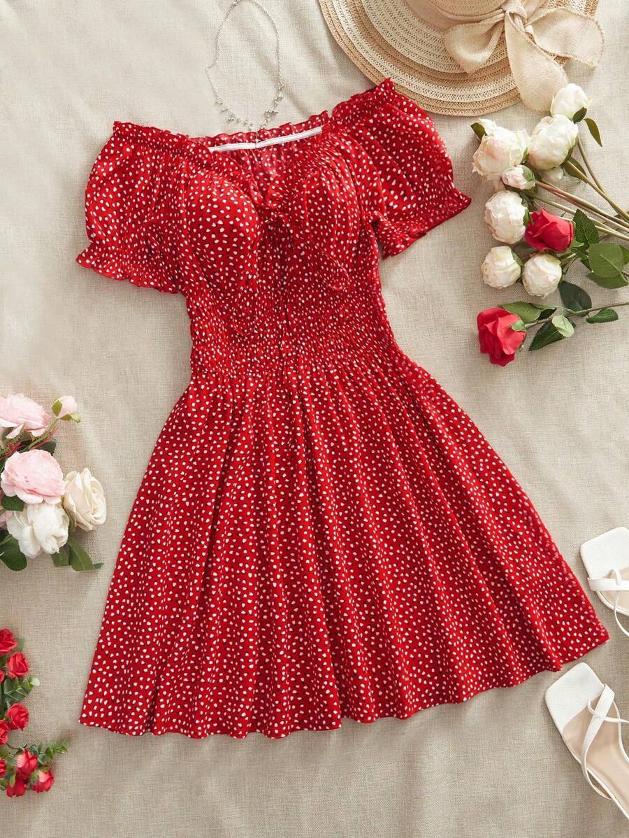 SHEIN VCAY Woven Print Off Shoulder Short Sleeve Bodycon Mini Dress For Women