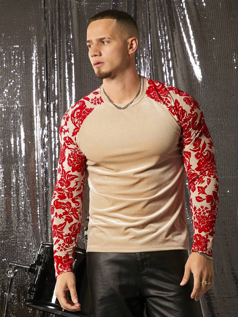 Manfinity AFTRDRK Camiseta casual de hombre con estampado de patchwork floral de bloques de color
