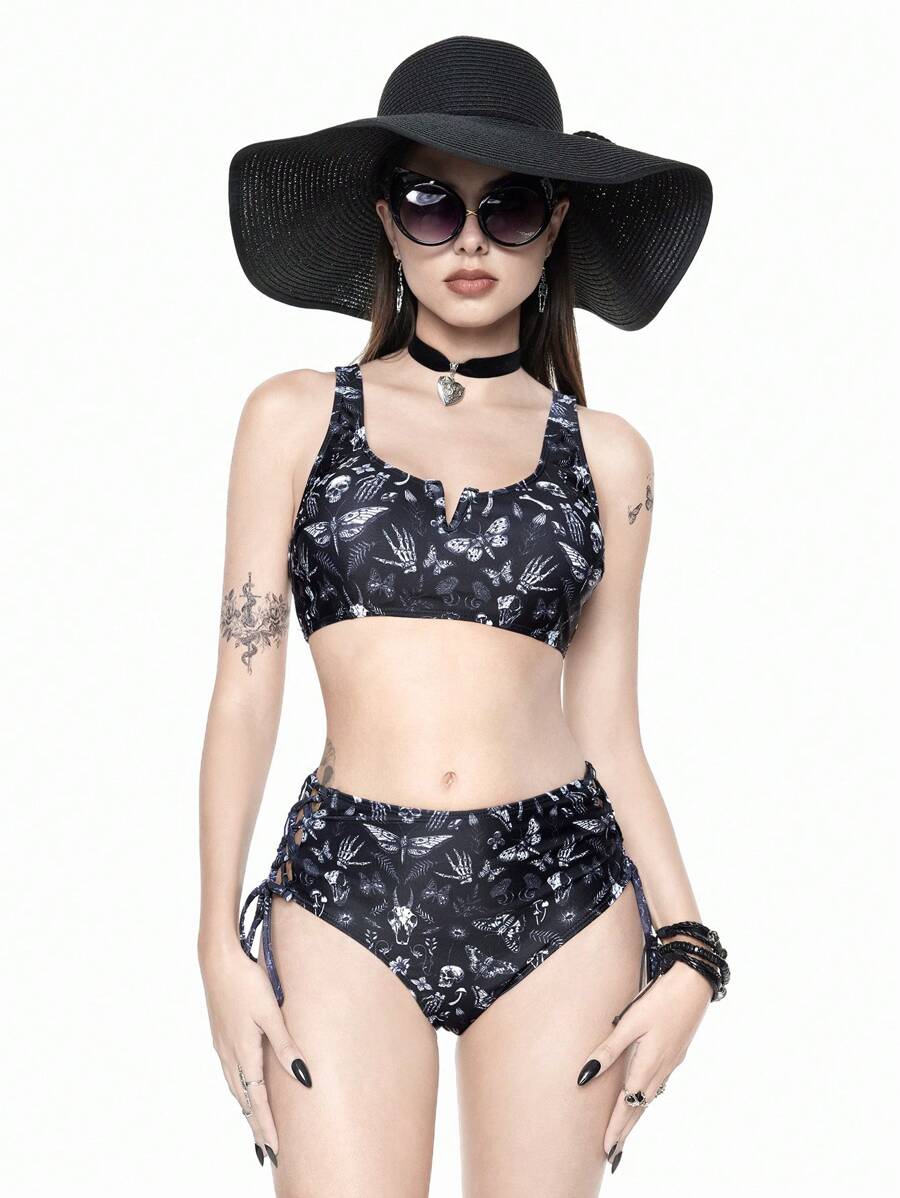 ROMWE Goth Women 2 Pieces Swimwear, Cutout Strappy Bow, Skull & Insect Full Print