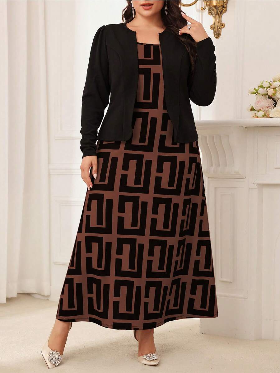 Modelyn Conjunto de 2 piezas de talla grande con parte superior de manga abullonada en unicolor y vestido largo de estampado completo