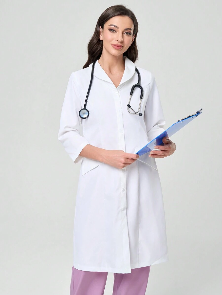 TaskEZ Blouse de laboratoire blanche minimaliste, décontractée, à boutons et poches sans motif