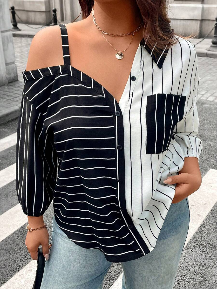SHEIN LUNE Plus Size Women Black & White Striped Patchwork Collar Shoulder Asymmetrical Shoulder Design Music Festival 2 In 1 Shirt Spring Outfits For Women Summer Outfits For Women Summer Clothes Easter Outfit Women Western Wear Women