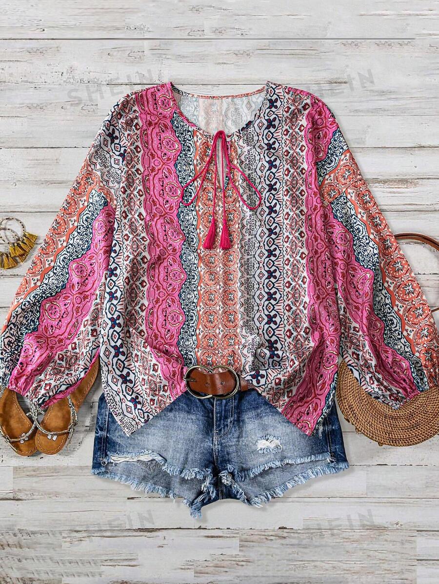 Breezaya Blusa de talla grande con estampado floral bohemio y lazo con flecos adelante