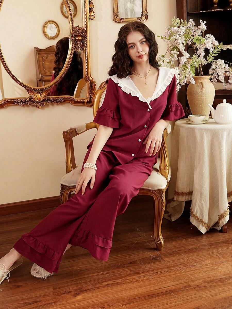 Côtesoire French Retro Peter Pan Collar Ruffled Trim Women Pajama Set Holidayseason