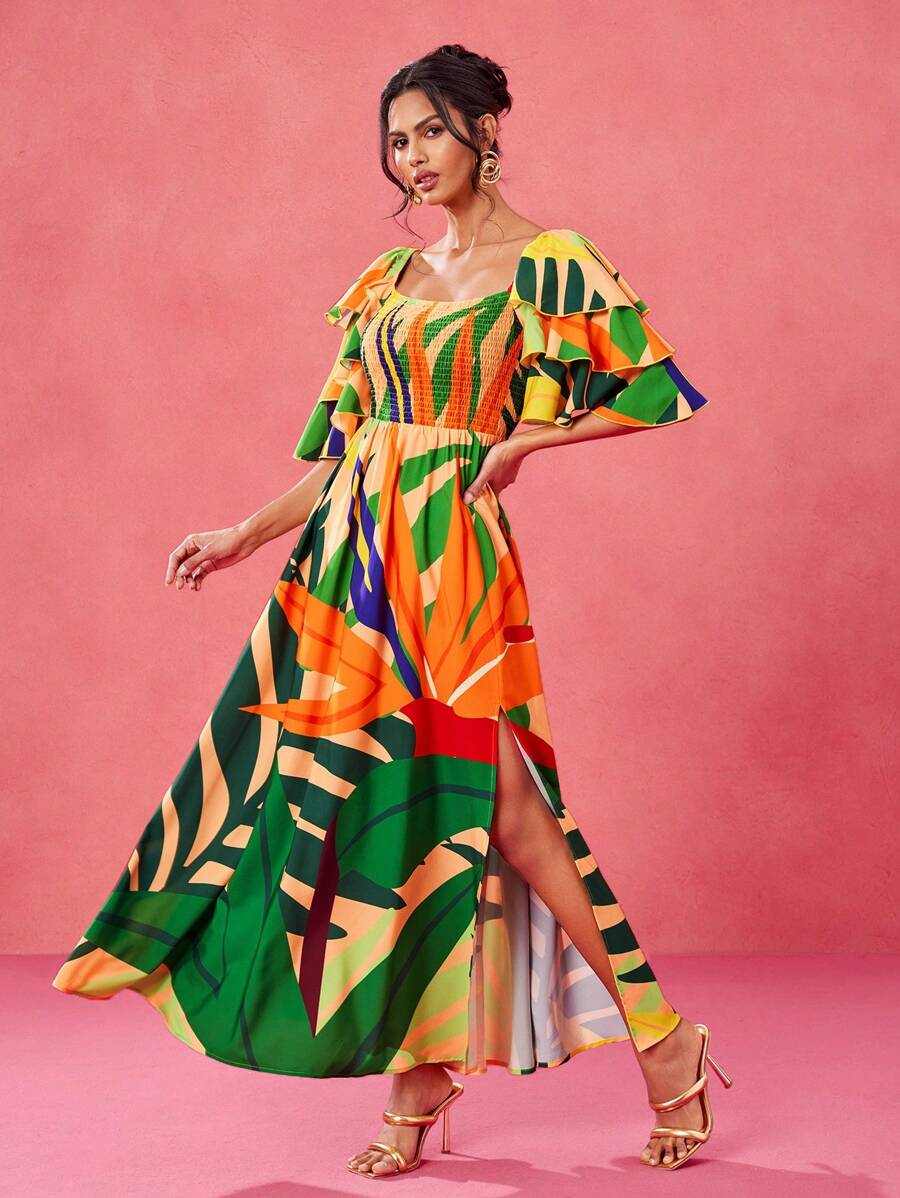 BELANGE HANDMADE Designer Boho Bohemian Multicolor Print Shirred Bodice Tiered Ruffle Sleeves Slit Maxi Sun Dress, Summer Vacation, Festival, Tropical, Beach, For Women, Concert, Elegant, Concert Outfit, Ibiza Fits, Prom Dress Wedding Rave Outfit