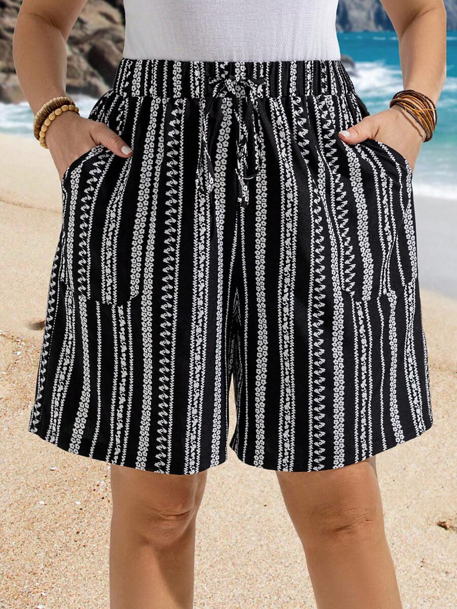 EMERY ROSE Plus Size All-Over Print Pocket High Waisted Casual Shorts, Summer,Beach Outfits For Woman