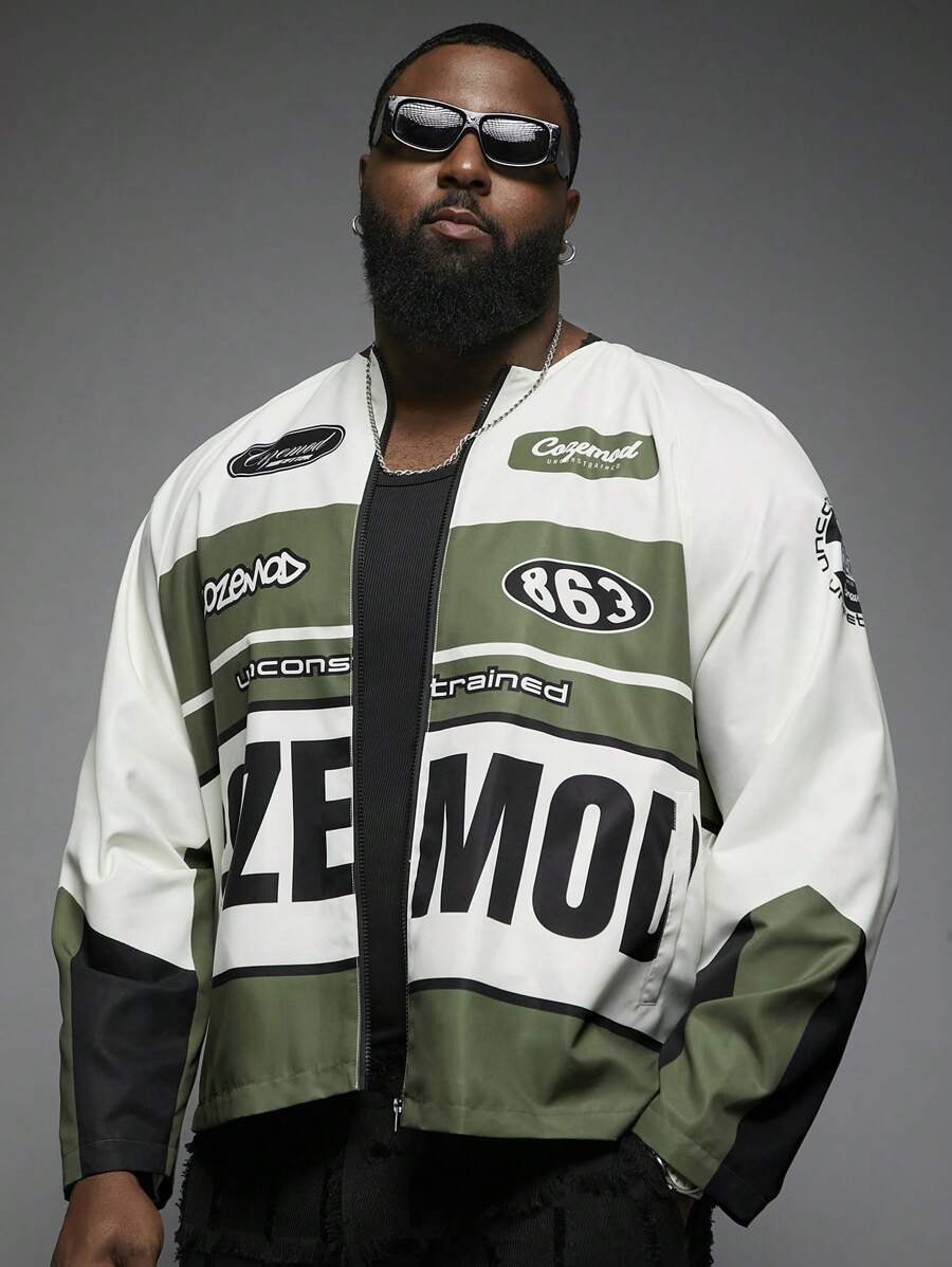 Manfinity VCAY Plus Size Men Woven Printed Letter Stylish Streetwear Long Sleeve Racing Jacket