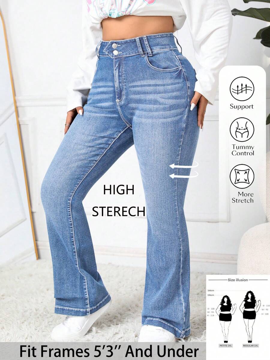 SHEIN PETITE CURVE Plus Size Women Blue Denim Flare Pants