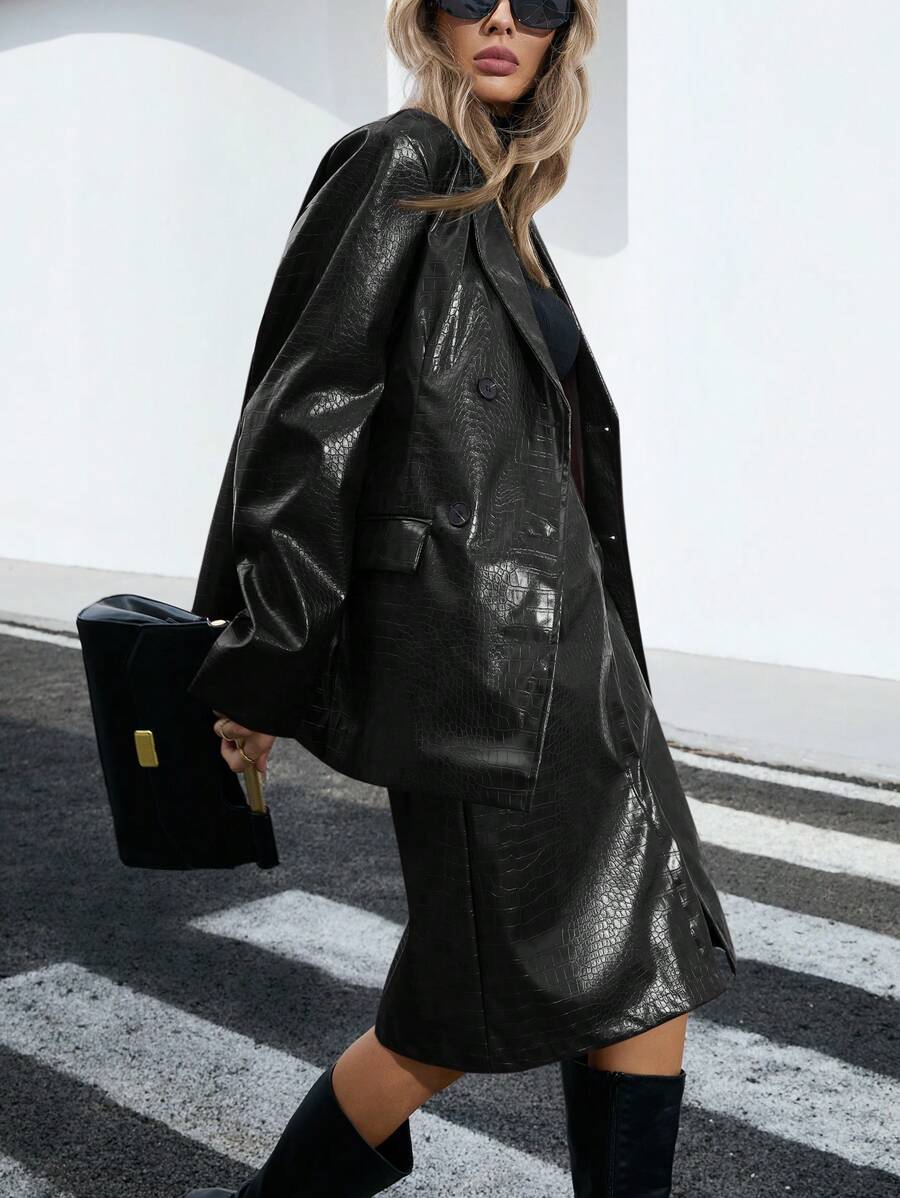Aveloria Modichic New Elegant Casual Crocodile Print PU Blazer Jacket And Midi Skirt Set, Business Commuting Outfit For Women, Autumn
