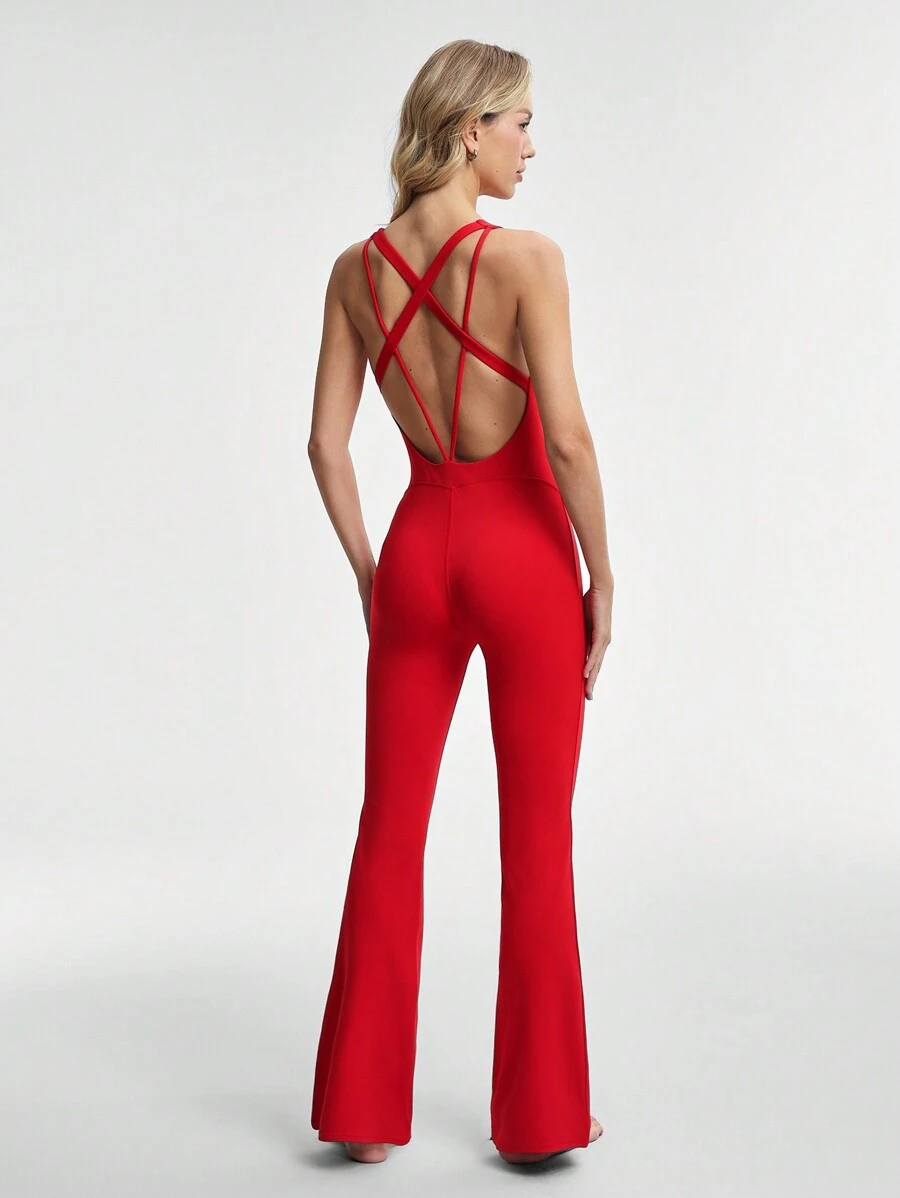 Lifespree Dames effen kleur rugloze mouwloze aansluitende sportjumpsuit
