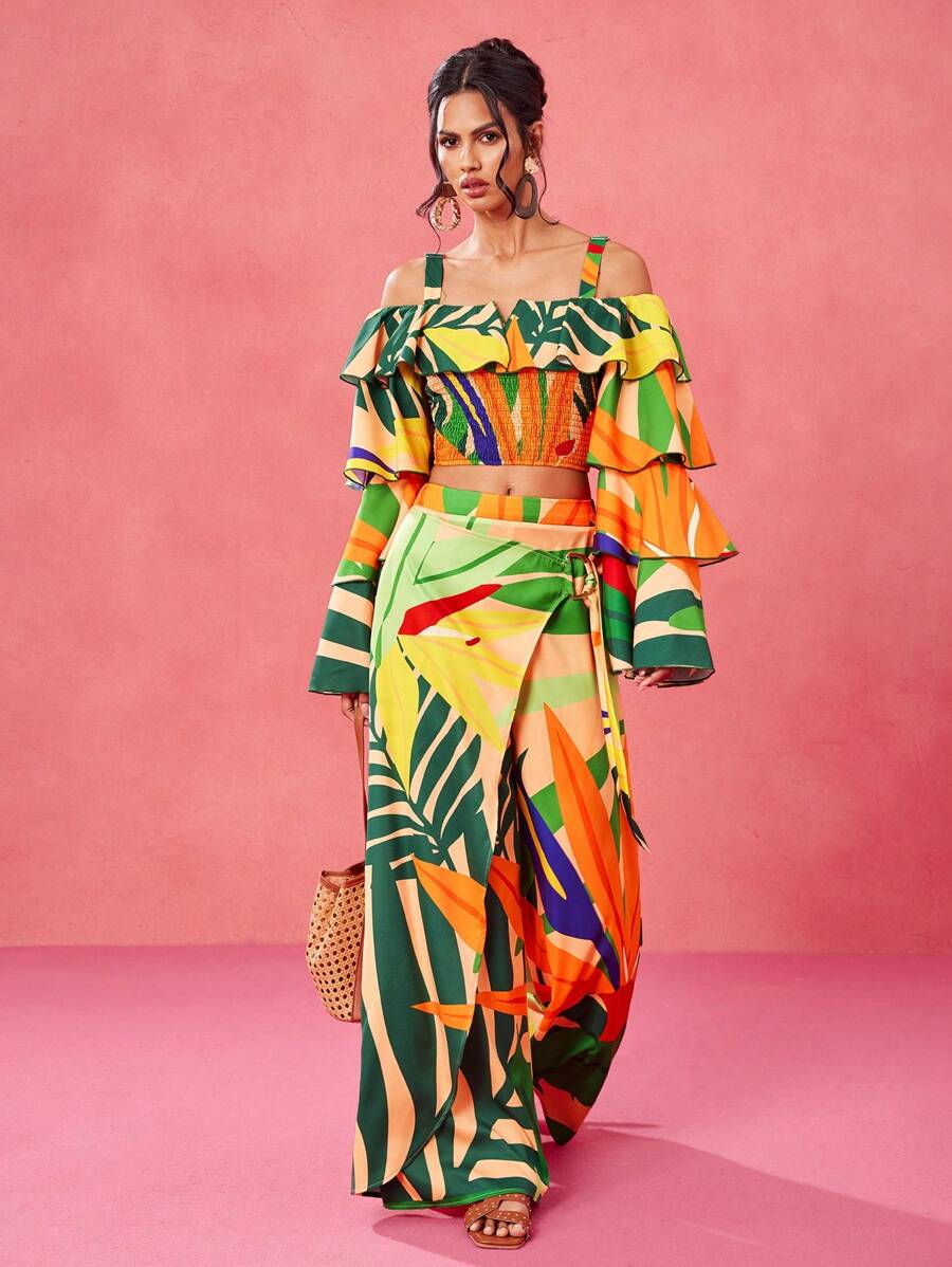 BELANGE HANDMADE Designer Boho Bohemian Multicolor Tropical Floral Print Buttoned Wide-Leg Casual Pants For Spring And Summer Vacation, Festival, Ibiza Fits Resort Pants