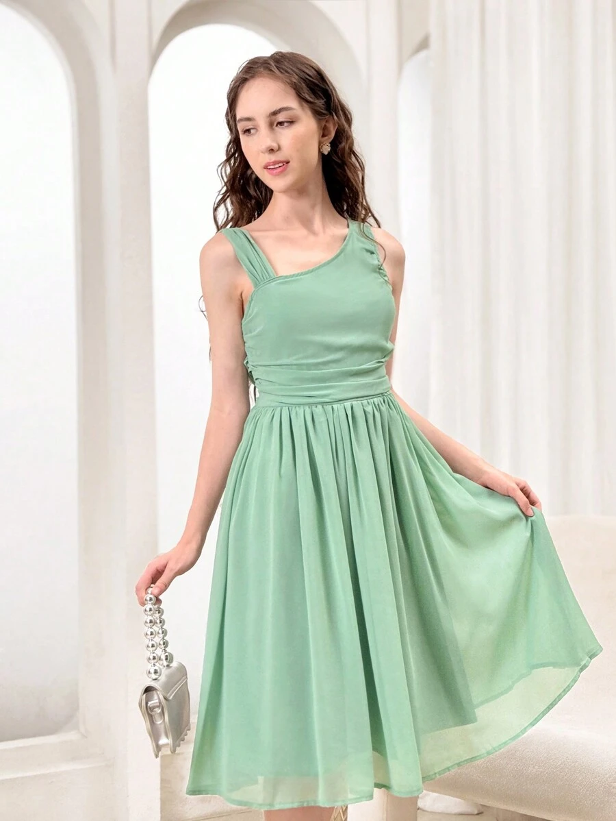 SHEIN Teen Girls Ruched Front Ruched Chiffon Dress