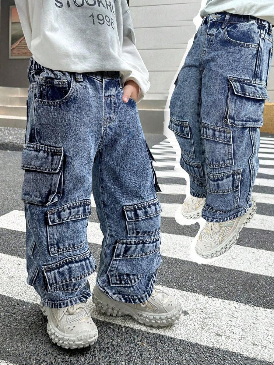 SHEIN Pantalones vaqueros holgados de mezclilla negra con múltiples bolsillos de carga y efecto desgastado, elegante y cool para niños pequeños, ropa informal y versátil para otoño/invierno