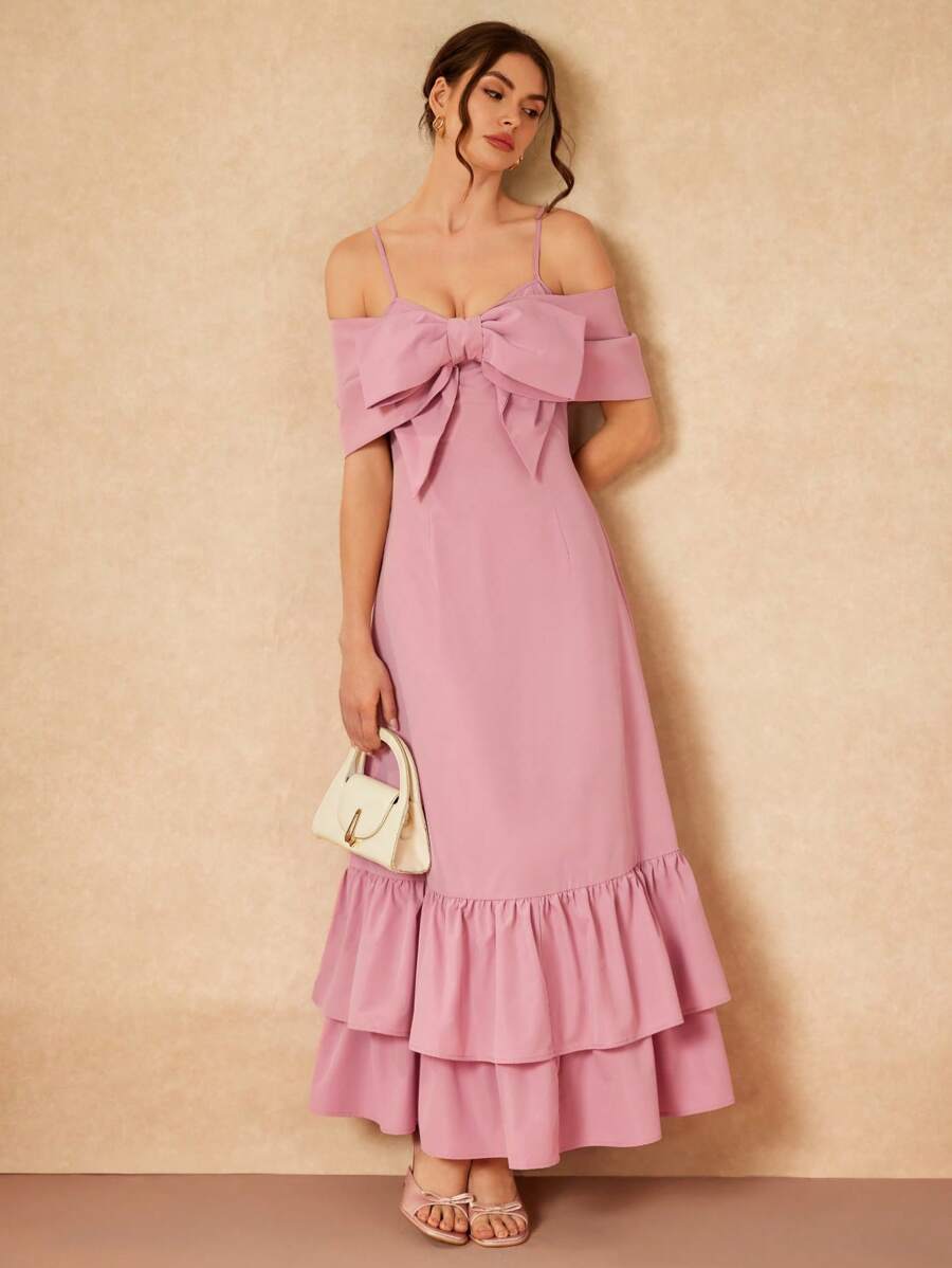 Gabriela Silveira Vestido maxi elegante y sofisticado de color rosa pastel con gran lazo 3D y volantes en el bajo, apto para fiestas, conciertos, eventos formales, bodas, fiestas de cumpleaños y verano